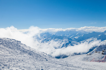 Obraz premium View from summit Cime de Caron (3200 m.) in Les Trois Vallees France, the Worlds largest skiing area.