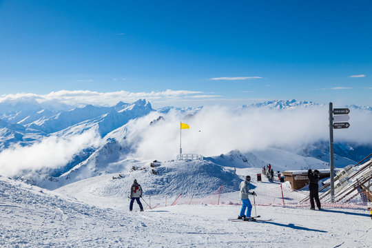 VAL THORENS, FRANCE - JANUARY 27, 2018: Summit Cime de Caron (3200 m.) in Les Trois Vallees France, the Worlds largest skiing area.
