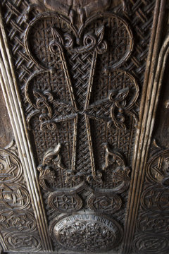 Fragment of ornamental door in the monastery complex Sevanavank located on the northwest coast of Sevan in the province of Armenia Gegharkunik, near the city of Sevan
