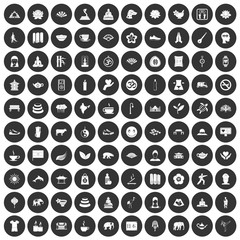 100 yoga icons set in simple style white on black circle color isolated on white background vector illustration