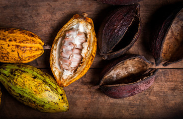 Cocoa beans and cocoa pod on a wooden surface.
