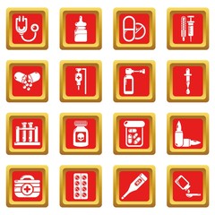Drug medicine icons set vector red square isolated on white background 