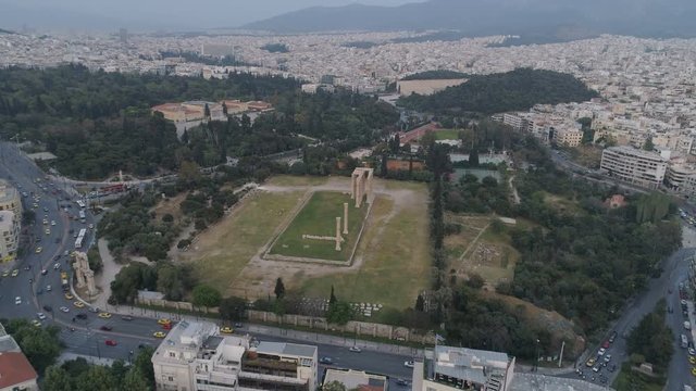 aerial view of Temple of Zeus at Olympia in Athens and modern part of the city