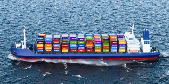Freighter ship with cargo containers, 3D rendering