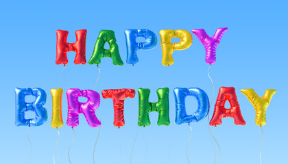 Happy Birthday inscription from multicolored balloons on the blue sky. Happy Birthday concept. 3D rendering