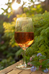 One cold rose wine glass served on outdoor terrace in garden with flowers