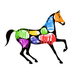 Black horse silhouette with bright colorful hand drawing artistic strokes. Vector art with crayon abstract style. Equestrian sport illustration.