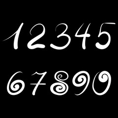 Set of white hand written numbers on a black background