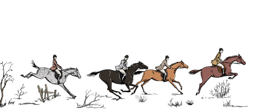 Equestrian sport fox hunting with horse riders english style on landscape. England steeplechase tradition frame or border. Hand drawing vector vintage art pattern on white.