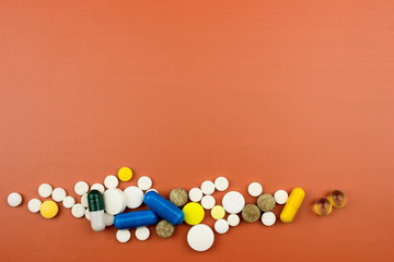 Color Capsules and tablets. Pharmaceutical medicine concept. Empty space for designers