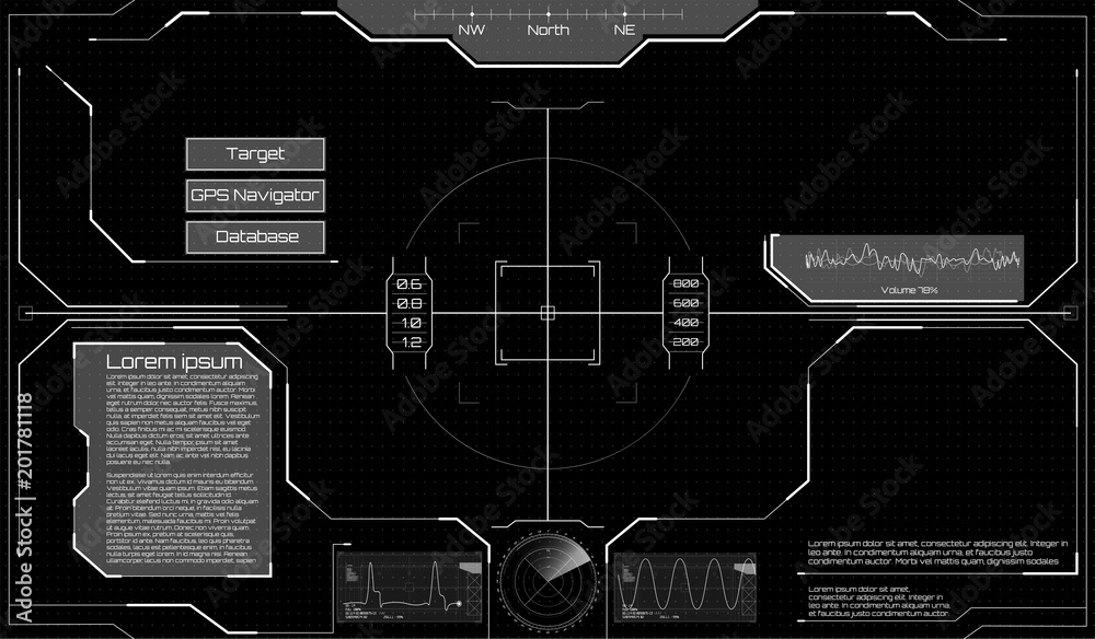 Poster Futuristic VR Head-up Display Design. Vitrual Reality in HUD UI style. Game, Future Control Center Display. Camera viewfinder. Template focusing screen of the camera. Template Crosshair in HUD, GUI. 