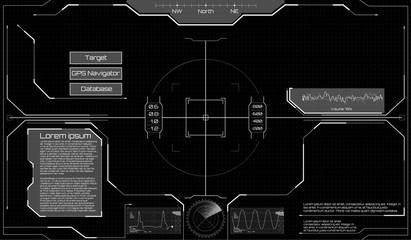 Futuristic VR Head-up Display Design. Vitrual Reality in HUD UI style. Game, Future Control Center Display. Camera viewfinder. Template focusing screen of the camera. Template Crosshair in HUD, GUI. 