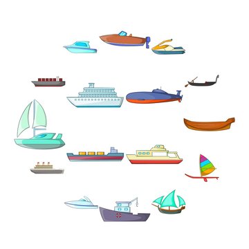 Ship and boat icons set in cartoon style. Marine and river vessels set collection vector illustration