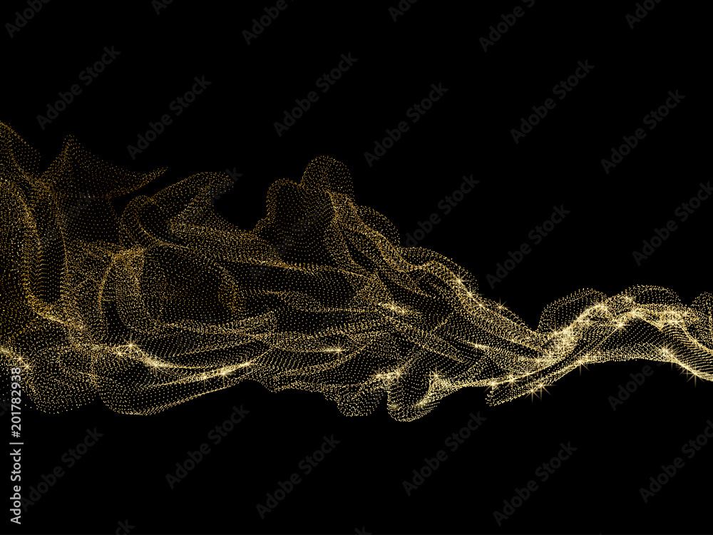 Aufkleber Abstract shiny gold wave design element with dot grid and glitter effect on black background.
