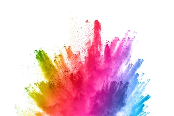 Rolgordijnen abstracte poeder splatted achtergrond. Kleurrijke poederexplosie op witte achtergrond. Gekleurde wolk. Kleurrijk stof explodeert. Verf Holi. © kitsana