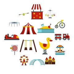 Obraz na płótnie Canvas Amusement park icons set in flat style. Attraction park set collection vector illustration