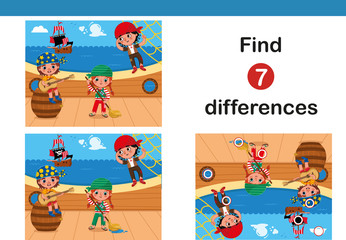 Find 7 differences education game for children, featuring little pirates.(Vector illustration)