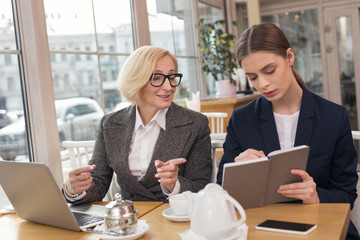 Discussing business. Concentrated young woman talking about business with her employer while having tea
