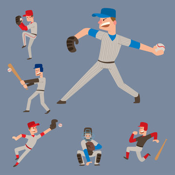 Baseball team player vector sport man in uniform game poses situation professional league sporty character winner illustration.