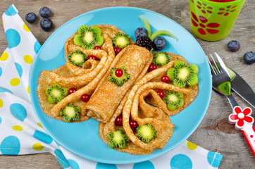 Funny Butterfly face pancakes with berries and fruits for kids' snack food