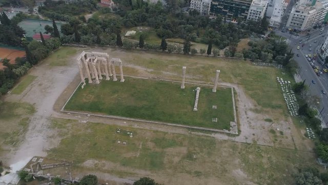 aerial view of Temple of Zeus at Olympia in Athens and modern part of the city