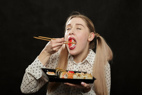 woman with sushi