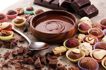 a lot of variety chocolate pralines, belgian confectionery gourmet chocolate