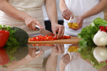 Closeup of human hands cooking in kitchen. Mother and daughter or two female cutting bell pepper for fresh salad. Healthy meal, vegetarian food and lifestyle concepts