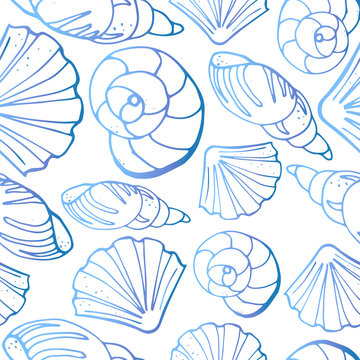 Seamless pattern from different kinds of sea shells. One-color silhouettes on white background. Vector illustration in sketch style.