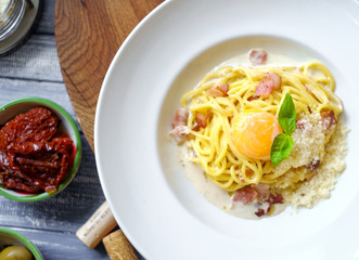 pasta carbonara with bacon, top view