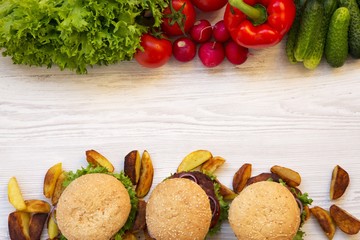 Healthy food or fast food. Copy space. Top view.