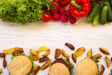 Healthy or unhealthy food. Copy space. Top view.