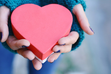 Fototapeta premium Female hands holding heart shaped gift box.