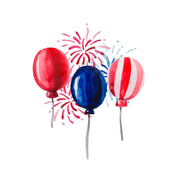 Composition of watercolor balloons painted in the color of the flag of America was created especially for such holidays as Independence Day. flag and constitution. Suitable for illustrating elections.