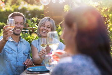 summer. Group of friends gathered around a table in the garden