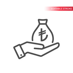 Hand and a bag of turkish liras money. Hand and turkish lira money bag icon.