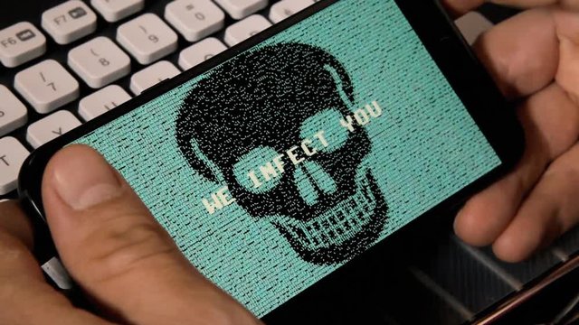 Browsing or watching on a smartphone: a matrix computer screen and a skull of ASCII characters with text in a bad ill-formed english (you have a virus; we infect you; pay ransom; or your pc dead).
