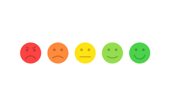 Feedback vector concept. Rank, level of satisfaction rating. Excellent, good, normal, bad awful. Feedback in form of emotions, smileys, emoji. User experience. Review of consumer.