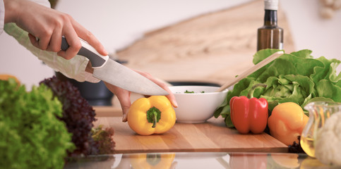 Close Up of human hands cooking vegetable salad in kitchen on the glass table with reflection. Healthy meal, and vegetarian food concept