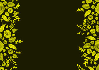 Painted watercolor composition with flowers and leaves. Frame of roses. Floral border. Can be used as invitation card for wedding, birthday, other holiday, summer background, poster, banner.