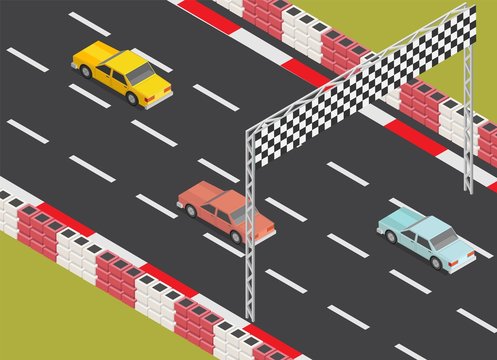 Isometric Low Poly Race Track Road With Car Finish.