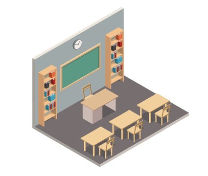 Isometric low poly classroom interior realistic 3d.