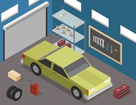 Isometric Garage Center Mechanical car service with repair Check Up vehicles of wheel machine and vector illustration big set