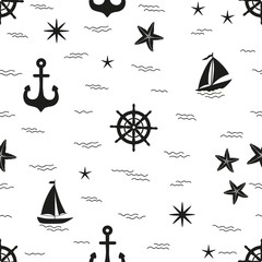 Marine seamless pattern with nautical elements