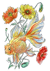 Goldfish and poppies, graphic composition, hand drawing.