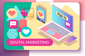 Digital marketing concept. Vector illustration with isometric laptop, smartphone, tablet and icons. Advertising marketing strategies for business through social media and Internet community.