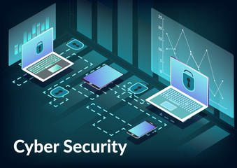 Cyber security technology concept. Vector illustration with isometric laptop, smartphone, tablet, locks and charts. Protection of computer system, network and data from hacker attack.