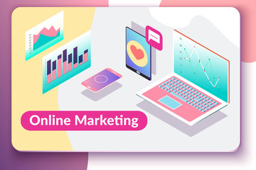 Online marketing concept. Vector illustration with isometric laptop, smartphone, tablet, abstract graph and chart. Analytics for business growth. Marketing strategy for social media and network.