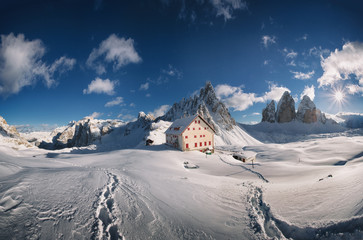 Winter in the Dolomites, North Italy, Sexten Dolomites, natural park Tre Cime. Alps, christmas...