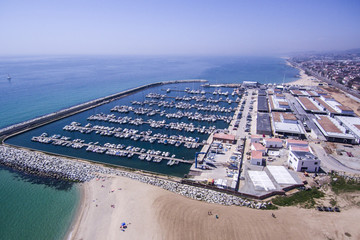 Port of Premià de Mar. Near of Barcelona. Aerial shot. - obrazy, fototapety, plakaty